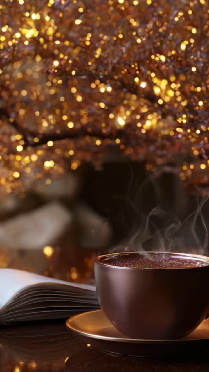 A Serene Moment Captured in Time: A Warm Cup of Steamy Beverage Sitting Gracefully on a Saucer Next to an Open Book, Bathed in Soft, Golden Ambient Light from a Magical Background of Sparkling Lights