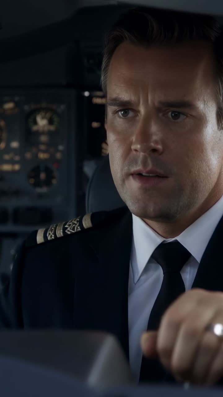 Vertical video: Reacting to radio, pilot in jacket in cockpit at yoke, lifting mic, reading gauges