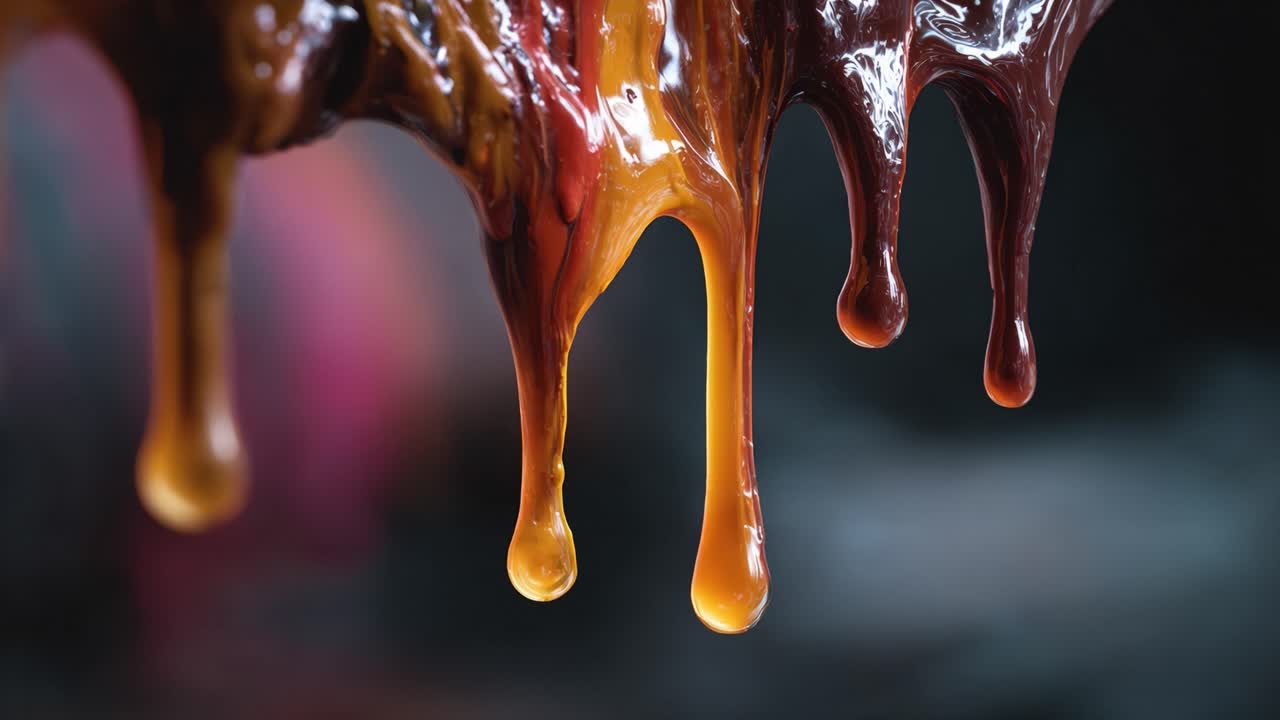 Affascinante primo piano di gocce di liquido viscoso che mostrano colori e texture brillanti su uno sfondo scuro, illustrando la bellezza della dinamica dei fluidi.