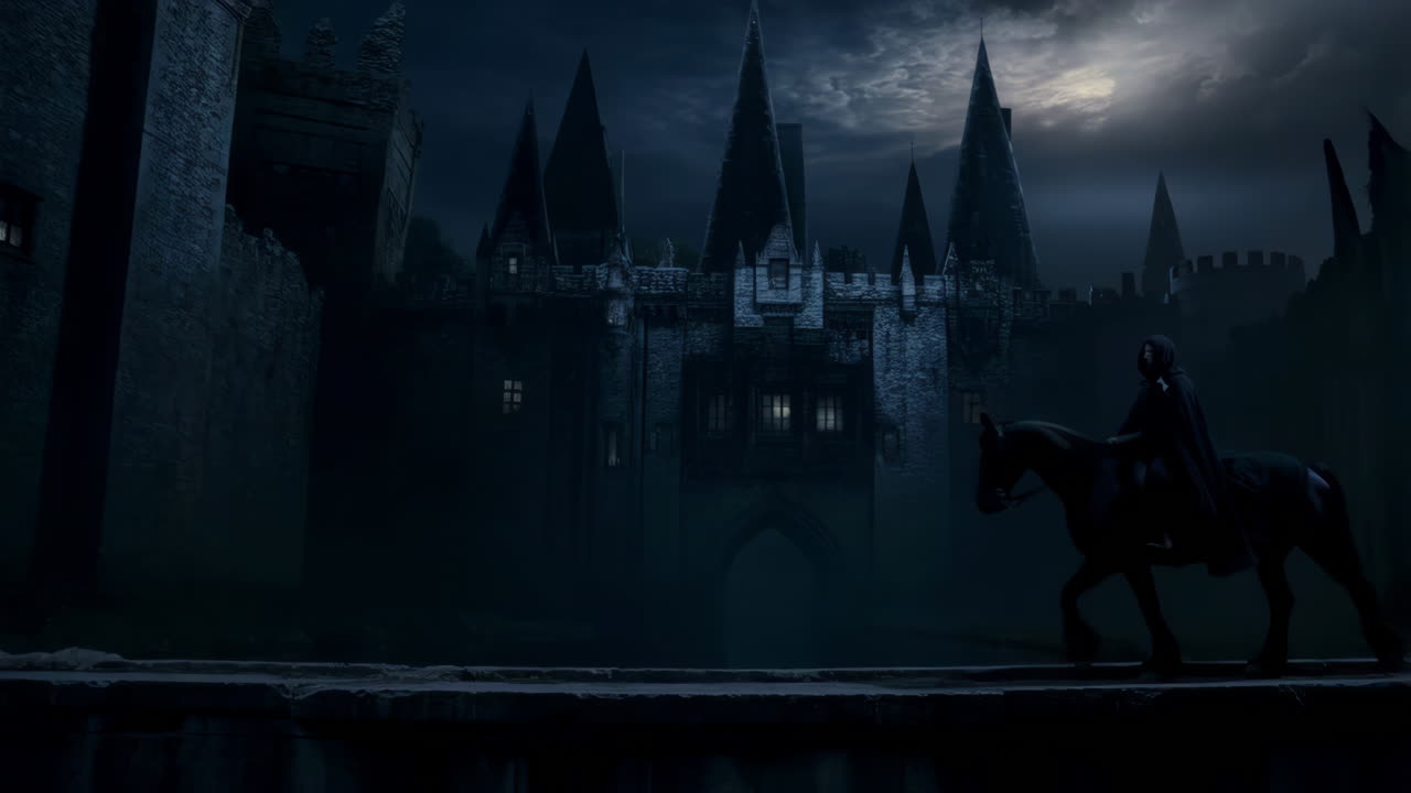 Castello oscuro con un cavaliere a cavallo di notte