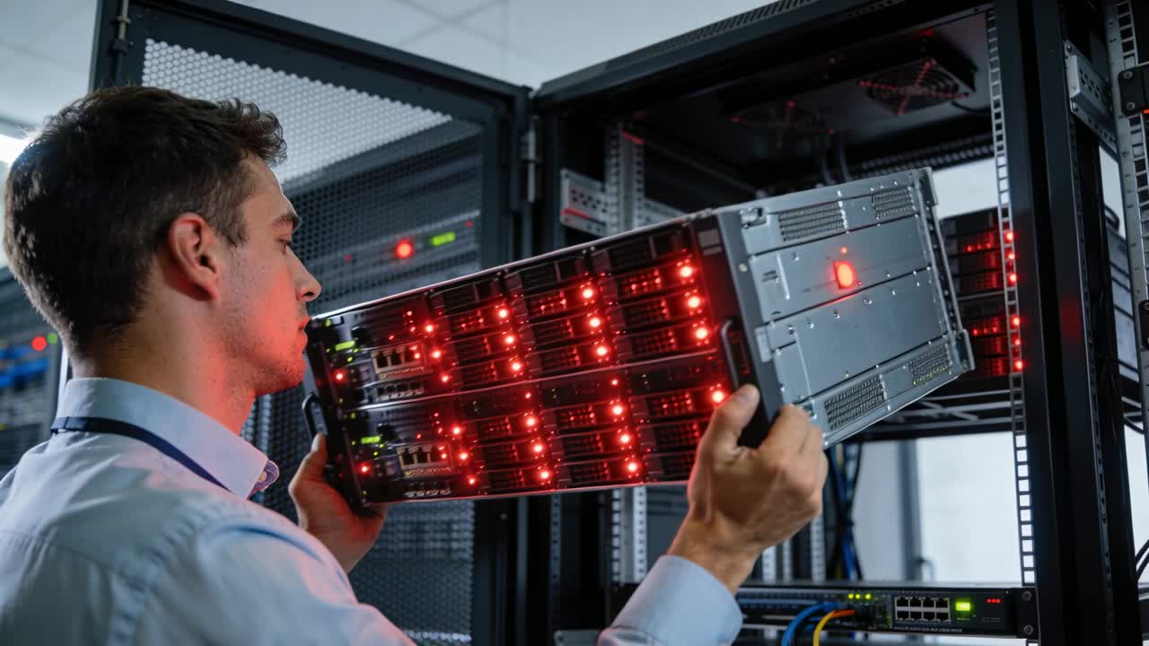Griffe packend, Techniker in blauem Hemd mit Schlüsselband schiebt Server zur Reparatur aus dem Rack, Textfreiraum.