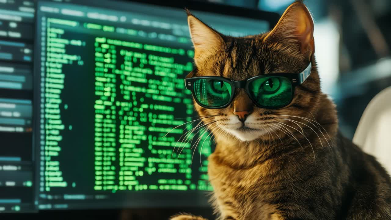Cat Programmer with Green Sunglasses