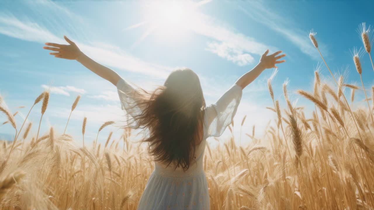 Backlit video still of a woman in a wheat field, arms raised towards the sun