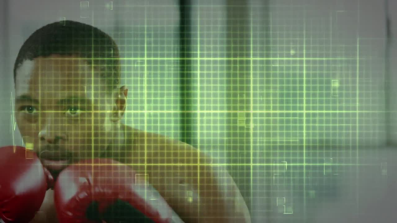 animación del ritmo cardíaco en el patrón de cuadrícula, boxeador afroamericano practicando movimientos de boxeo