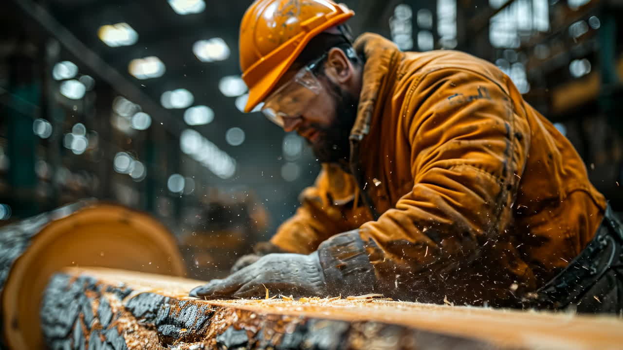 Indoor timber woodworking. A worker in a hard hat refines timber with a tool, surrounded by wood shavings and warm lighting