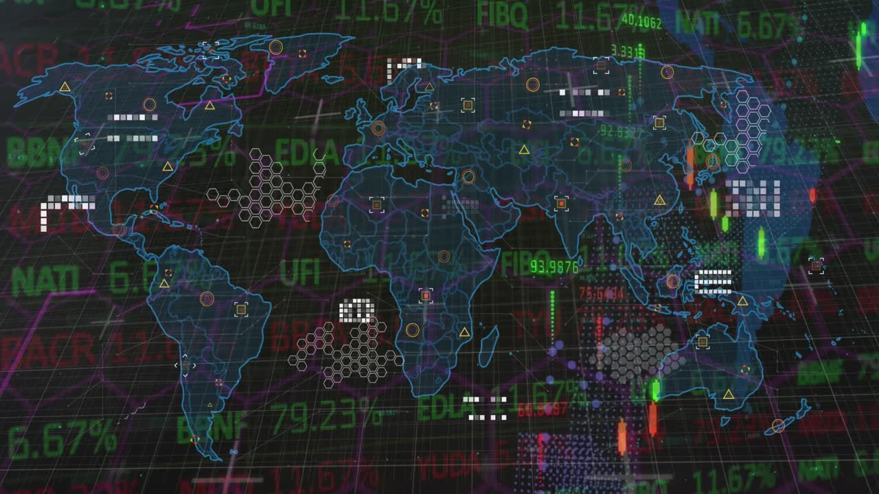 animación del procesamiento de datos financieros sobre el mapa del mundo