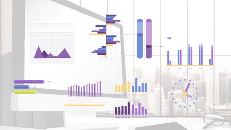animación del procesamiento de datos financieros a través de la computadora en el escritorio de la oficina.