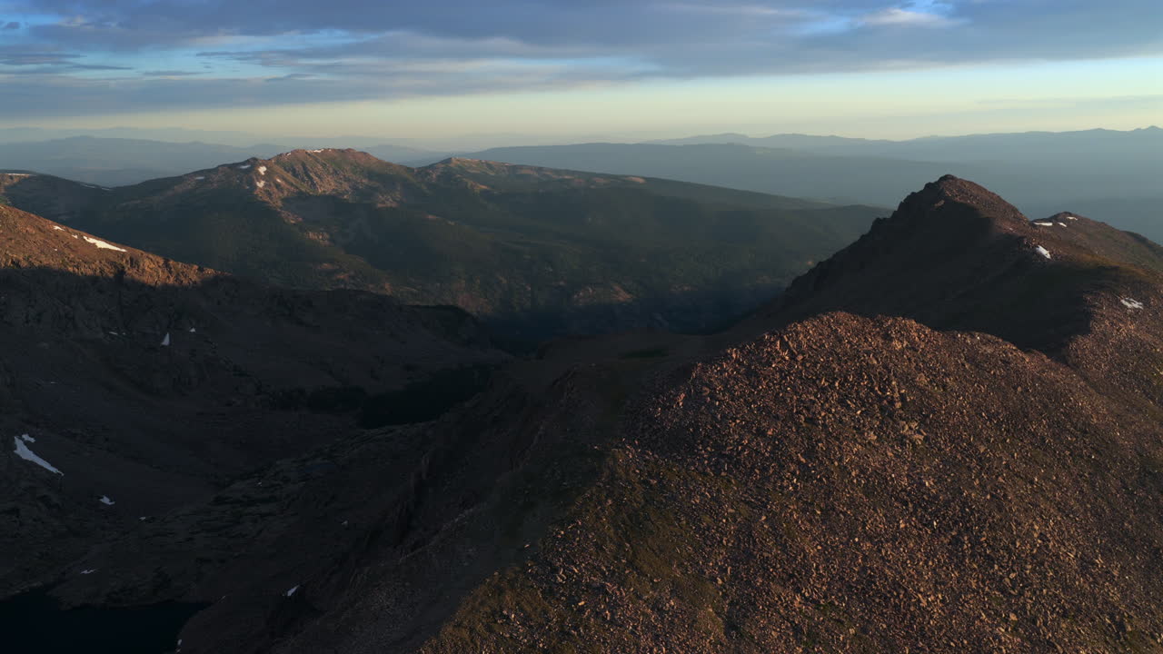 sunset Notch Mountain Shelter Gore Range Halo Ridge Vail Minturn Redcliff aerial drone Colorado sunny blue sky summer Mount Holy Cross 14er peak Wilderness Sawatch Range Rocky Mountains snow forward