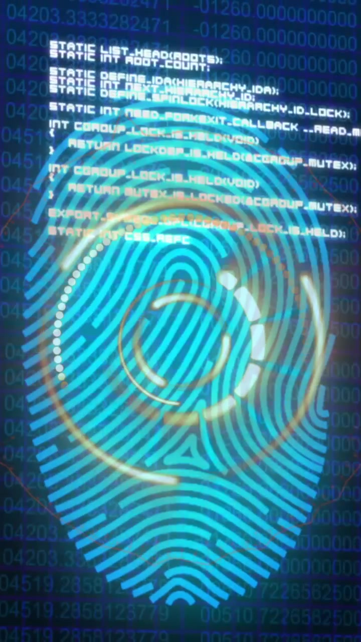 Animation of fingerprint scanning and data processing on navy background
