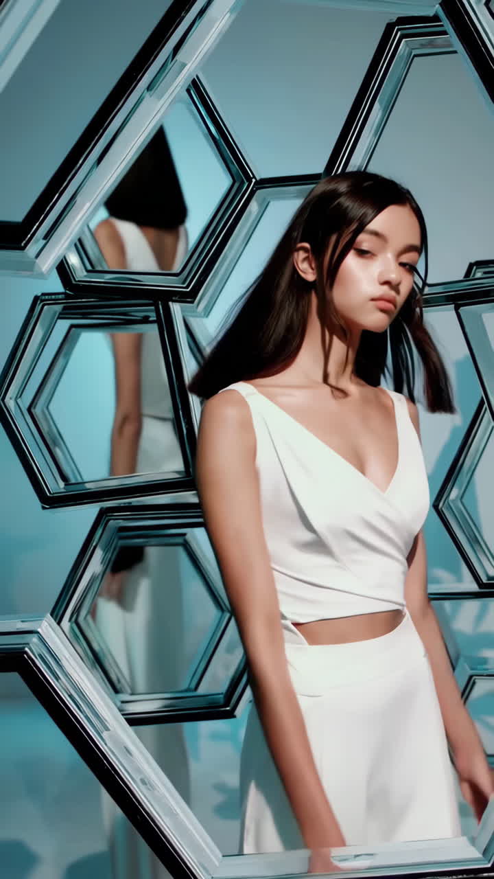 Fashion model in white attire surrounded by hexagonal mirrors