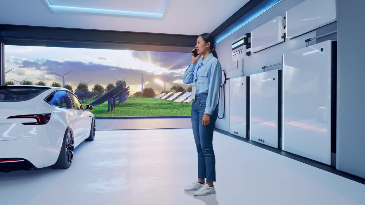 Full Body Side View Of Asian Female With Home Energy Storage System In a Modern Garage, She Is Speaking With Someone In The Phone