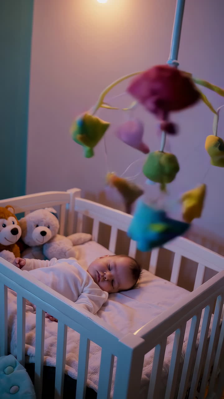 Bambino che dorme nella culla con il cellulare