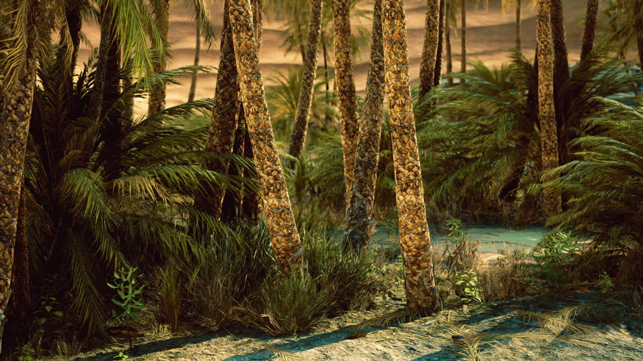 Lush tropical landscape with palm trees and vibrant greenery at sunset