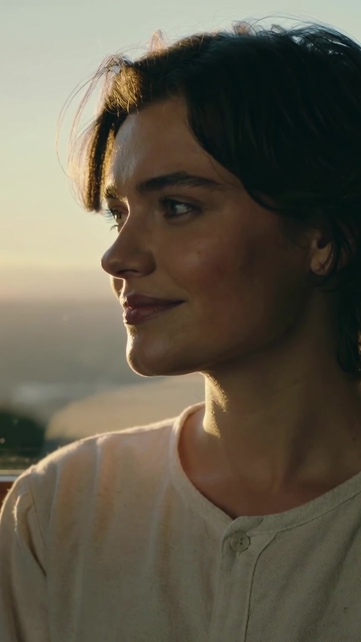 Vertical video: Sunset drawing woman turning head, smiling and gazing out window in buttoned top