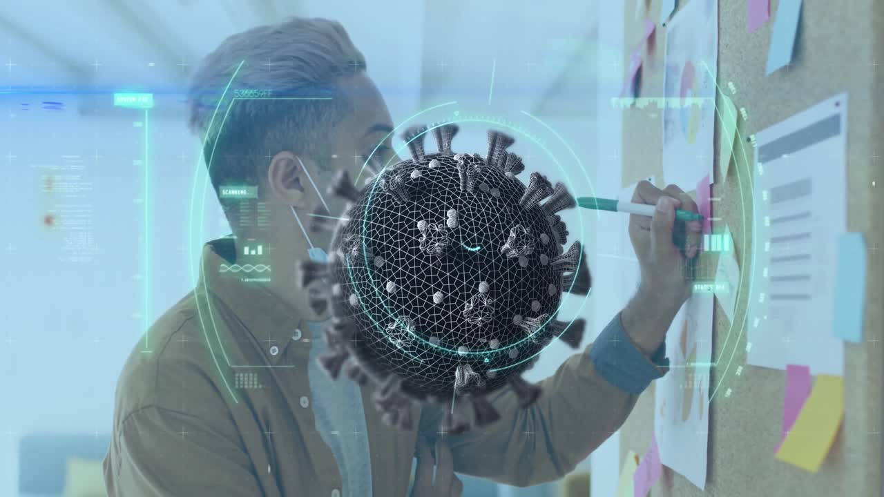 animación de una celda de covid-19 giratoria con un hombre en la oficina con máscaras faciales