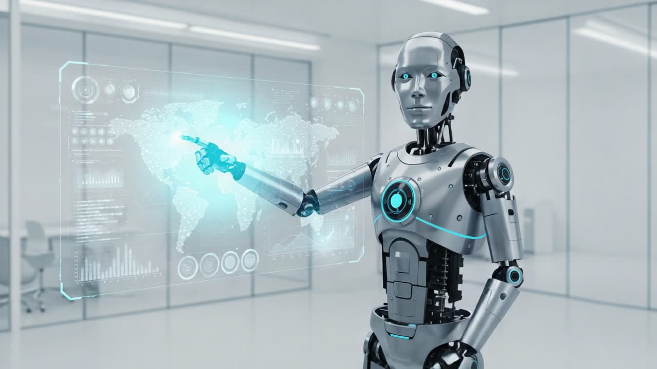 A futuristic humanoid robot interacts with a holographic display, showcasing an advanced digital world map, highlighting data visualizations and analytics in a modern workspace