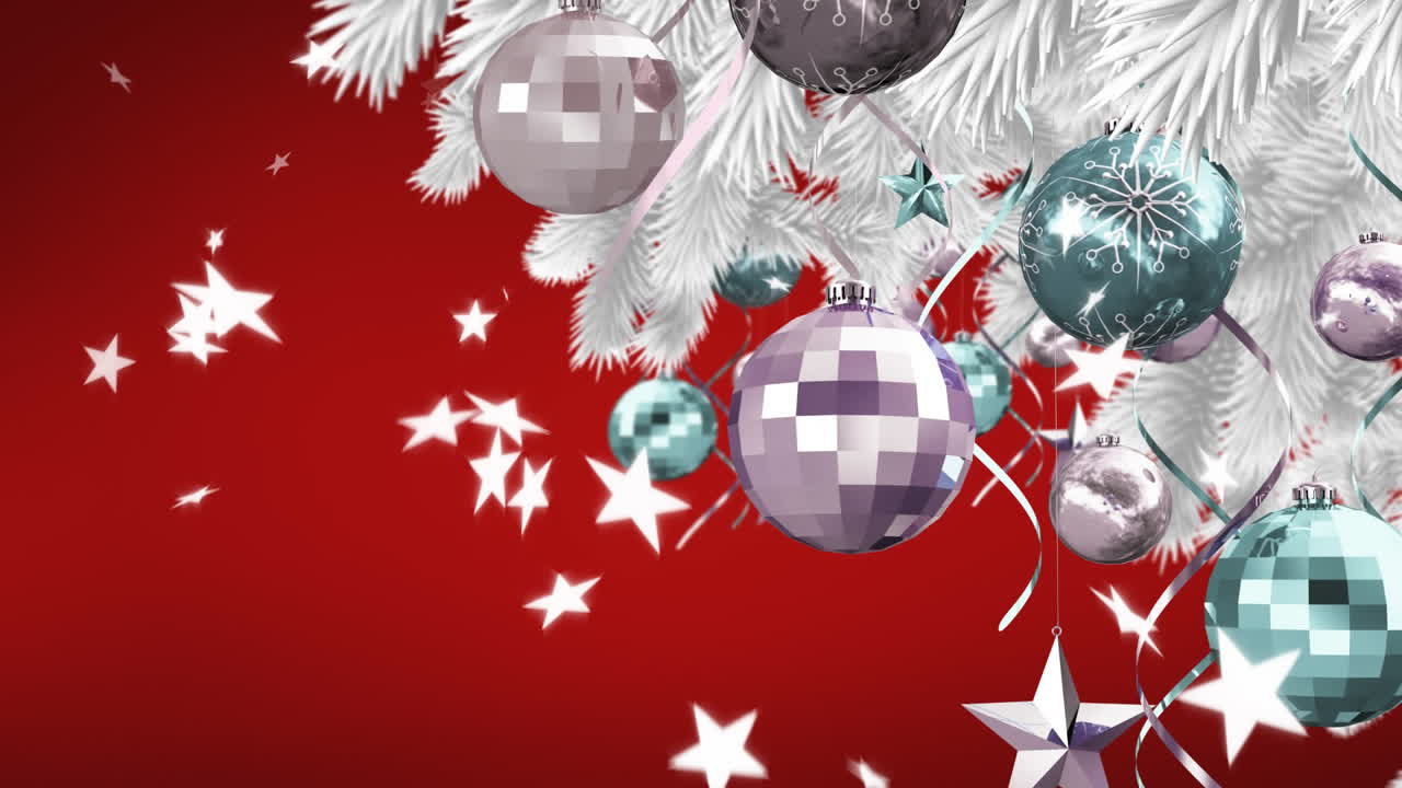 animación de estrellas cayendo sobre abetos con decoraciones en el paisaje de invierno
