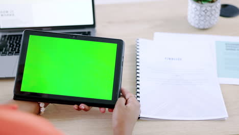 business woman, tablet and green mockup in office