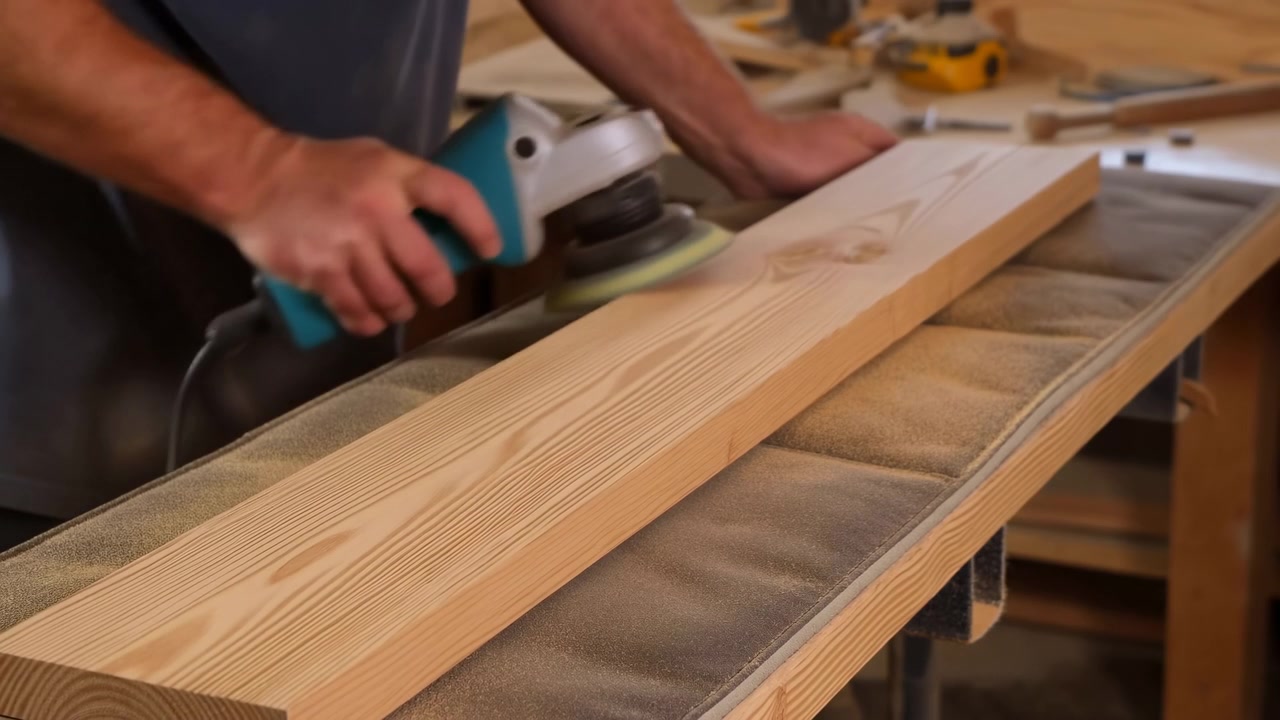 Close view shows hands moving sanding tool across long wooden board, changing surface texture during woodworking task with bench support, natural tones, focused motion and workshop background.