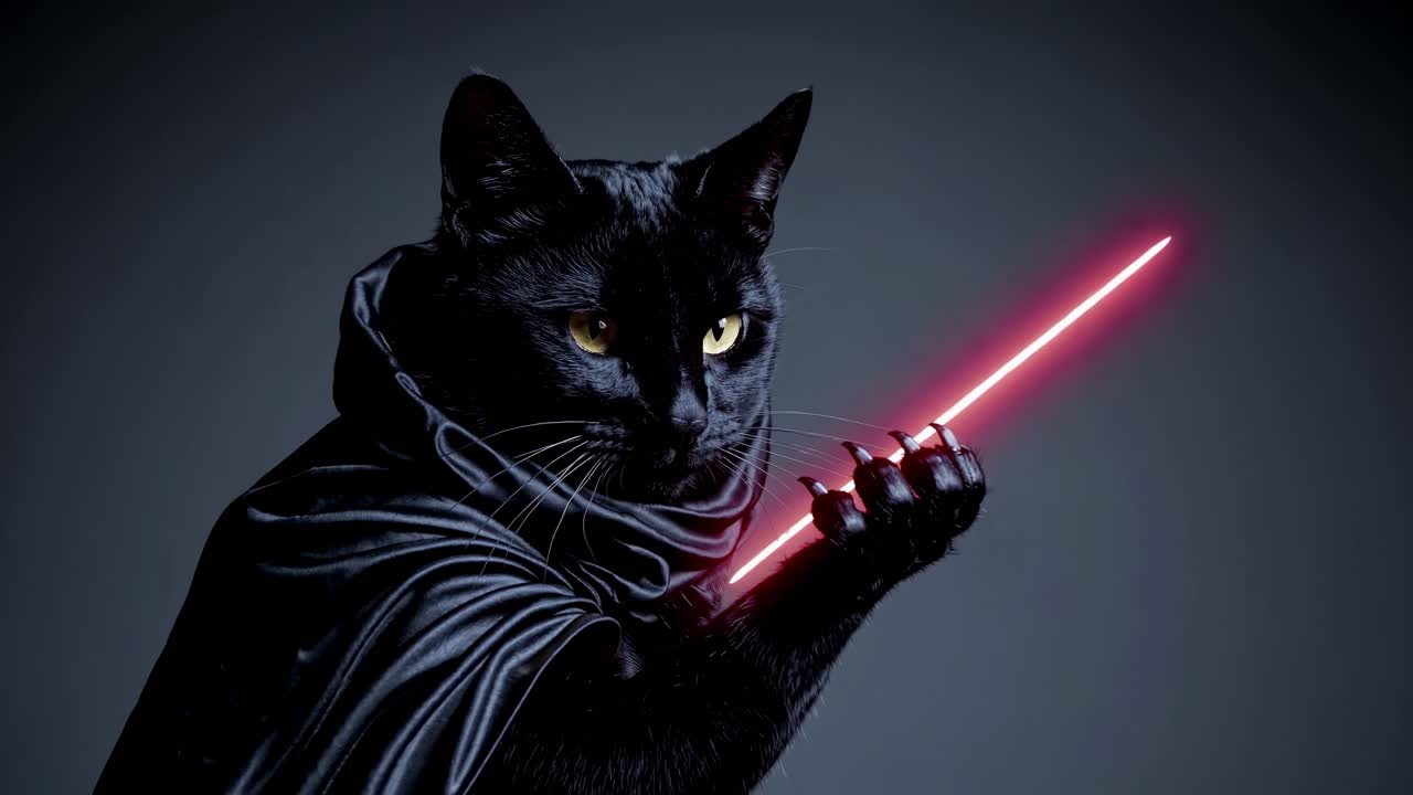 Gato Preto com um Sabre de Luz Vermelho