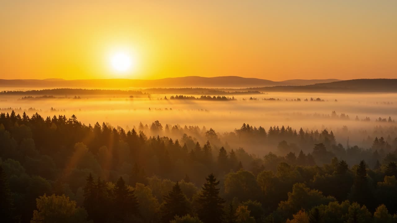 Breathtaking Sunrise View Over Misty Forested Landscape, Capturing the Soft Glow of Morning Light as It Illuminates the Trees and Fog Below