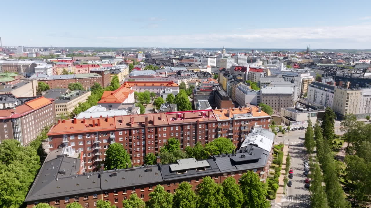 Aerial tilt shot in front of the Toolo and Kamppi districts of Helsinki, sunny day