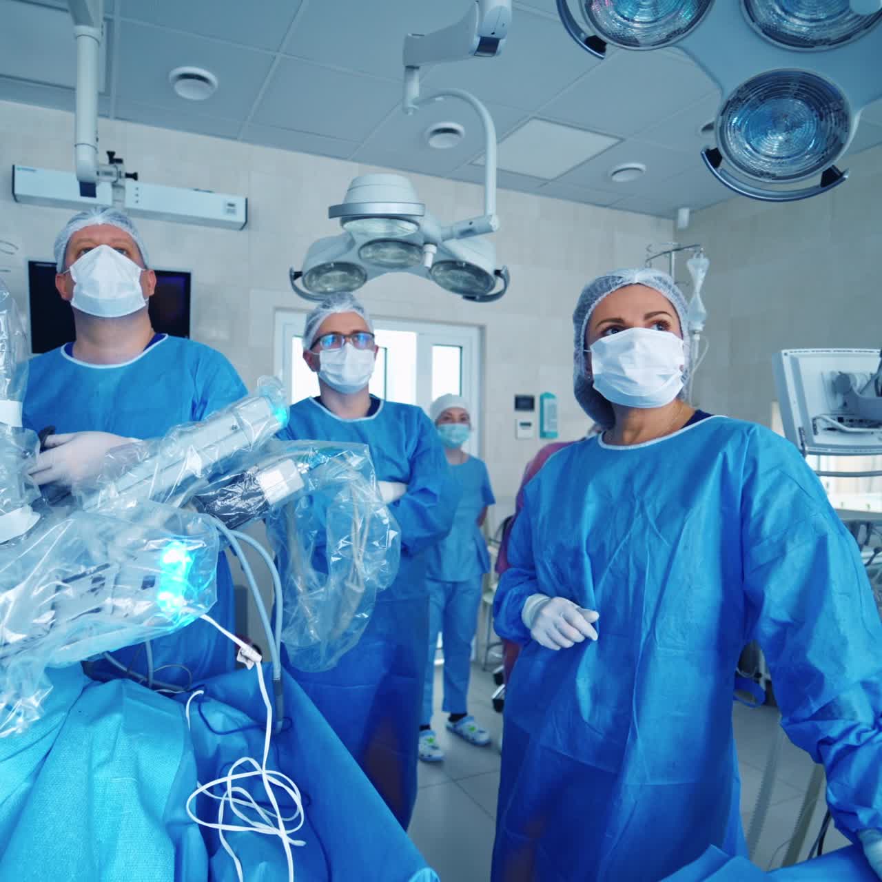 Futuristic robot doing minimally invasive surgery. Team of doctors in uniform and masks looking on the monitor near the surgical robot.