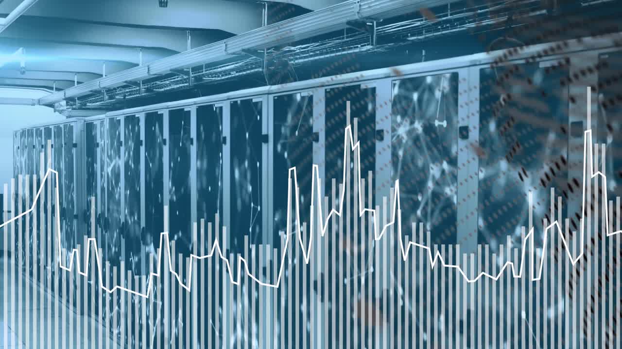 데이터 처리, 회전 지구 및 컴퓨터 서버 방에 대한 연결 네트워크의 애니메이션