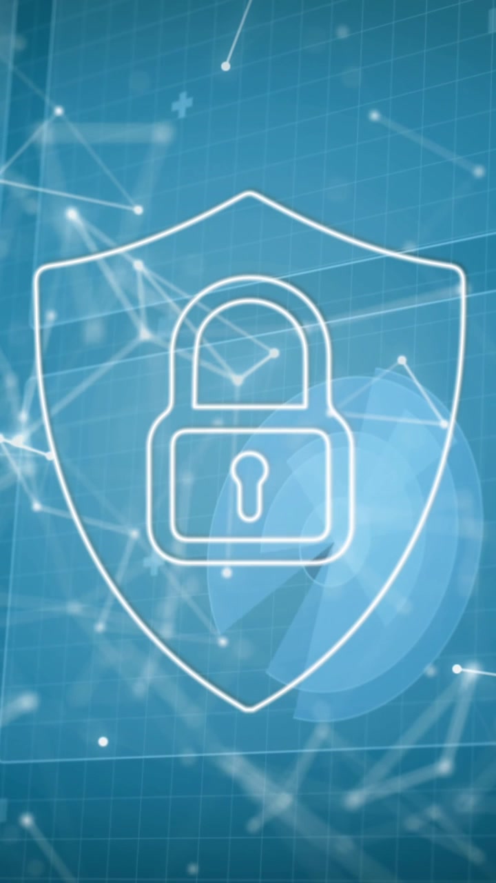 Animazione di icona lucchetto di sicurezza online con rete di connessioni e scansione con mirino
