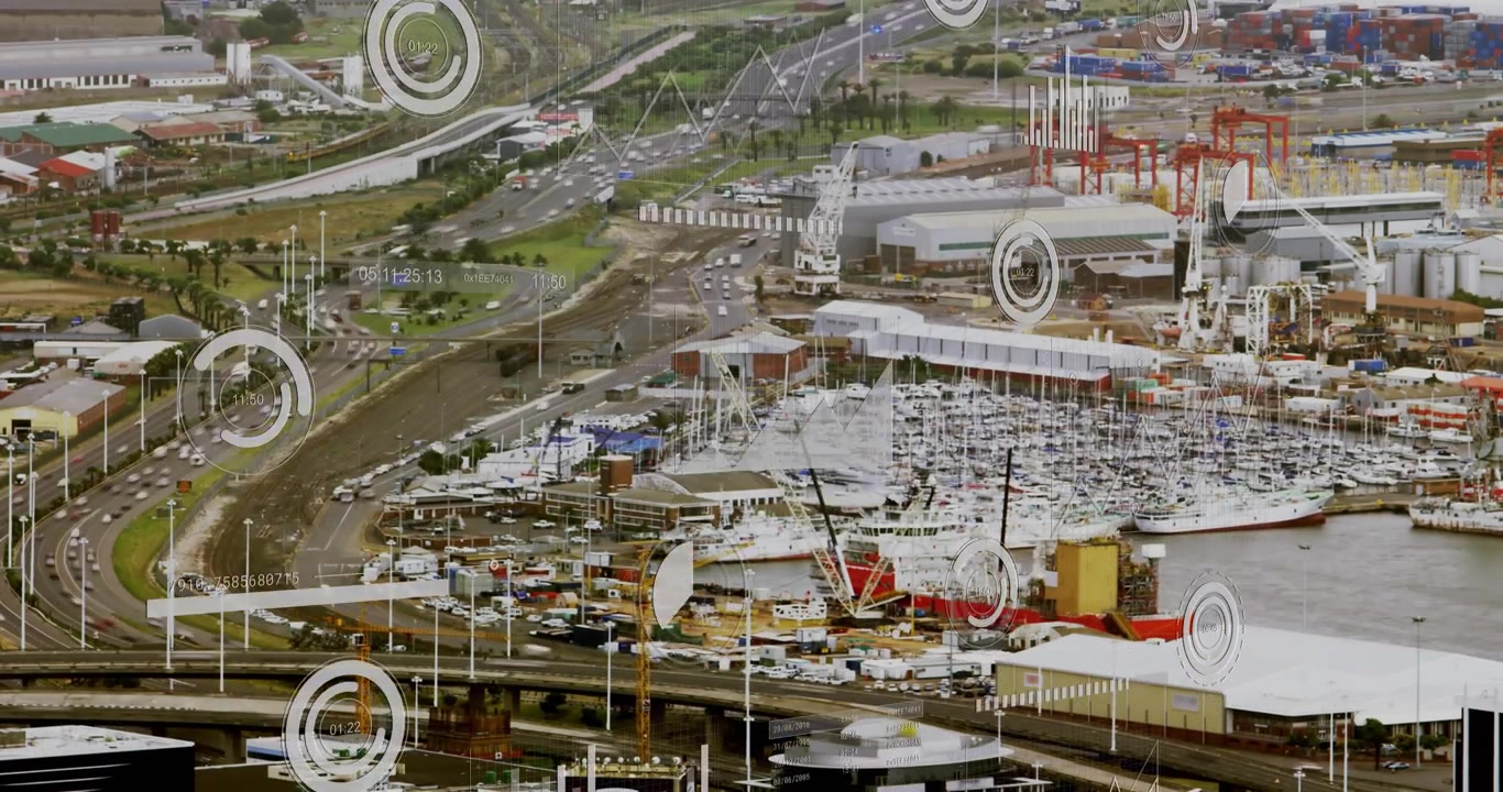 Starting aerial port view activating overlay shifting charts and pulsing data for traffic metrics