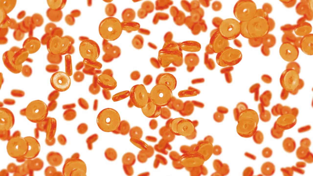 색 배경에 많은 평평한 도을 날아. 도 케이크, 과자, 디저트. 도 회전의 3d 애니메이션. 루프 애니메이션.