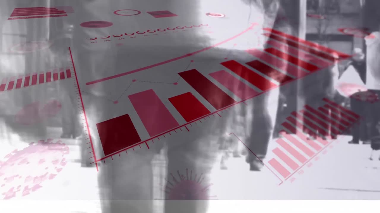 financial data processing and coronavirus cells over commuters walking.