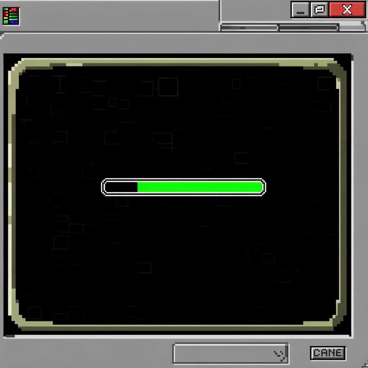 Retro video game interface with a loading bar, pixel art style