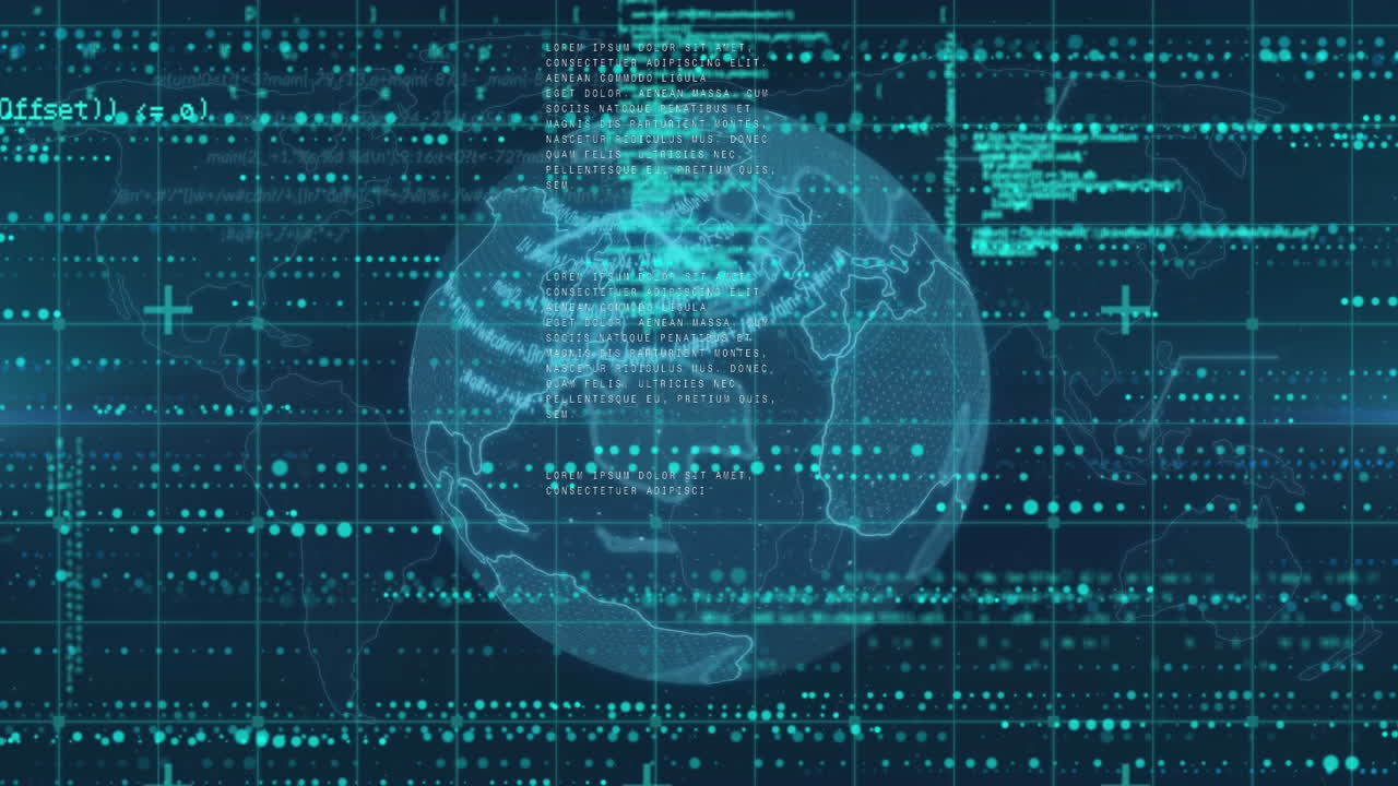 animación del procesamiento de datos y globo sobre fondo azul