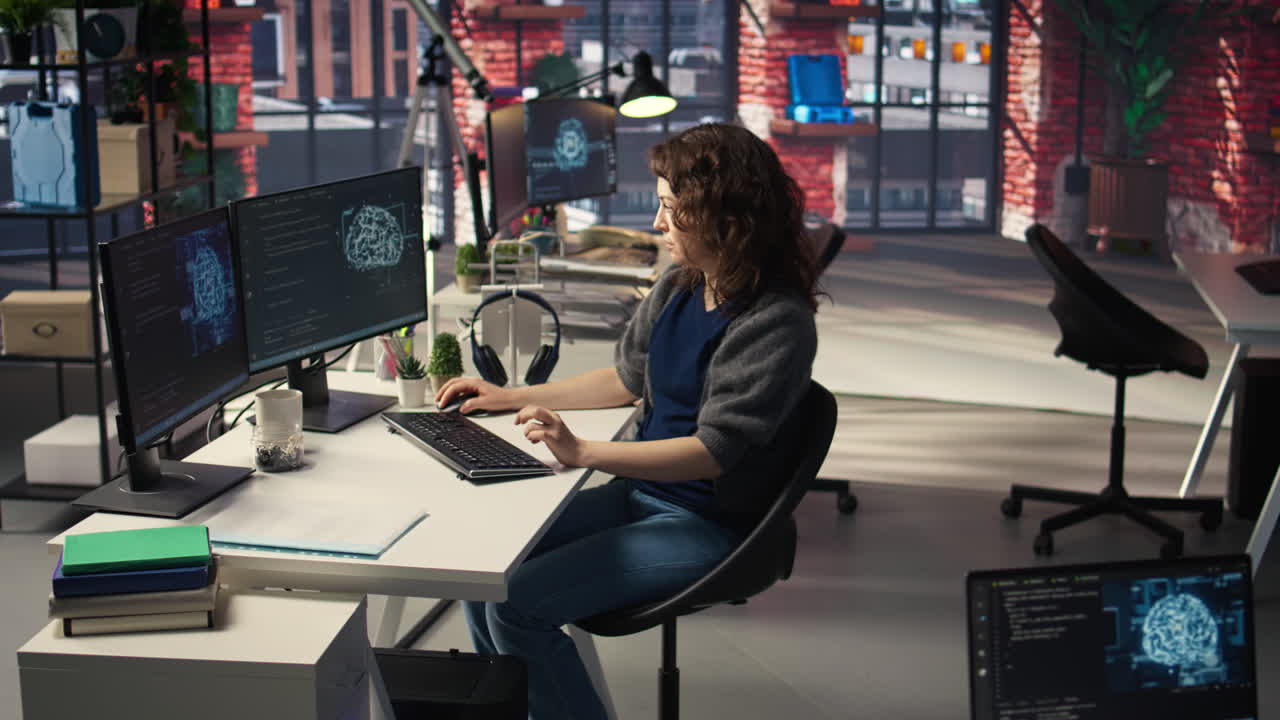 Woman IT developer using pc setup for artificial intelligence cloud computing