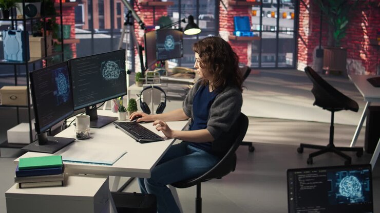 Woman IT developer using pc setup for artificial intelligence cloud computing