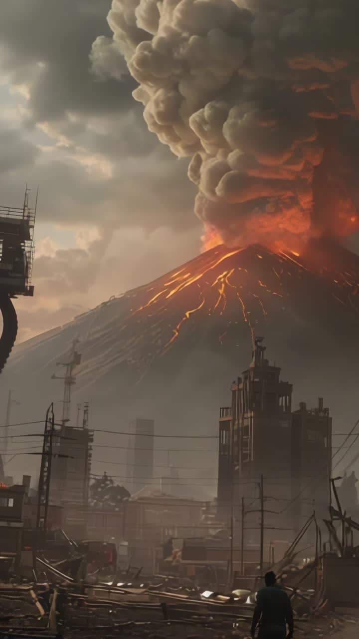 Vertical video: Volcano summit glowing and lava flowing in city ruins, figure watching ash plume