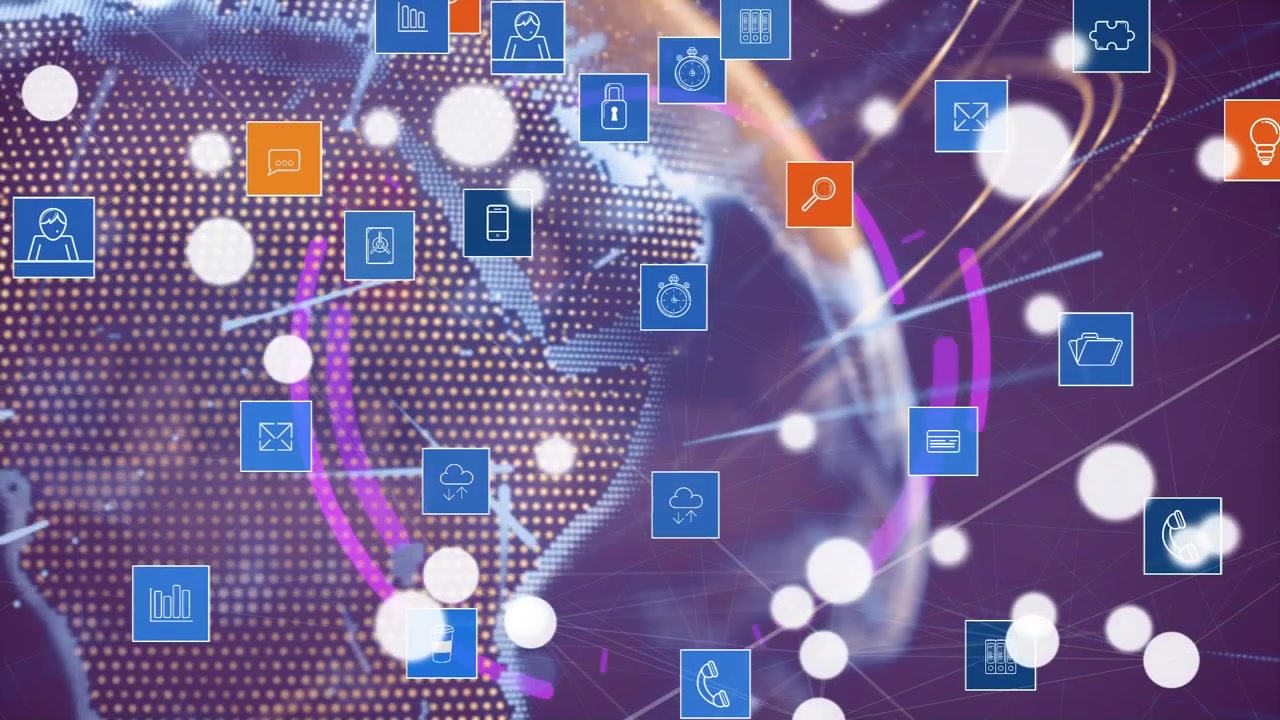 Animação de ícones, processamento de dados e globo em fundo violeta