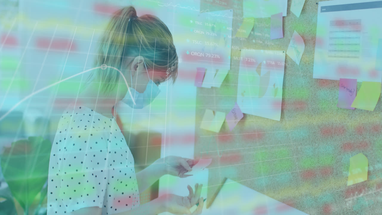 animación de la interfaz digital que muestra estadísticas con colegas en la oficina que usan máscaras faciales