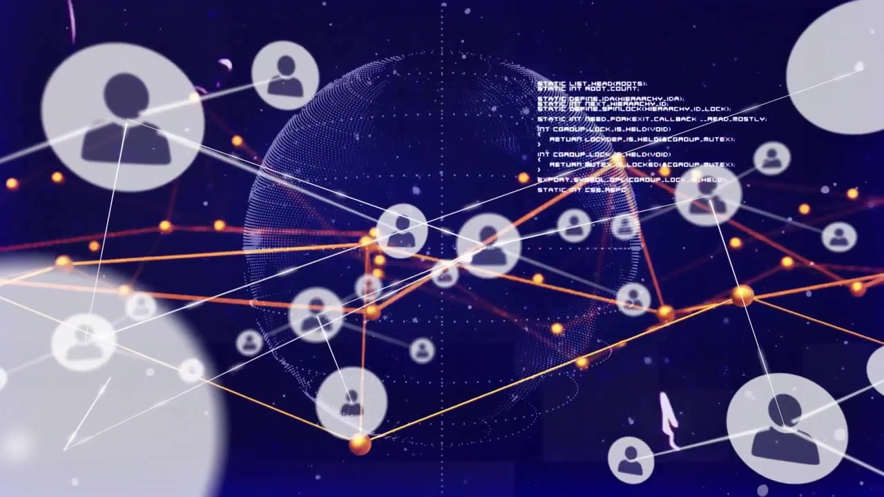 Technology showing globe emerging navy background rotating linking orange nodes user icons and code