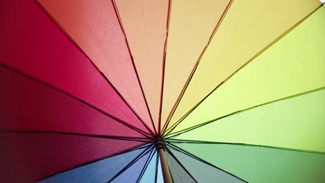 view under a multicoloured rainbow umbrella while it is raining