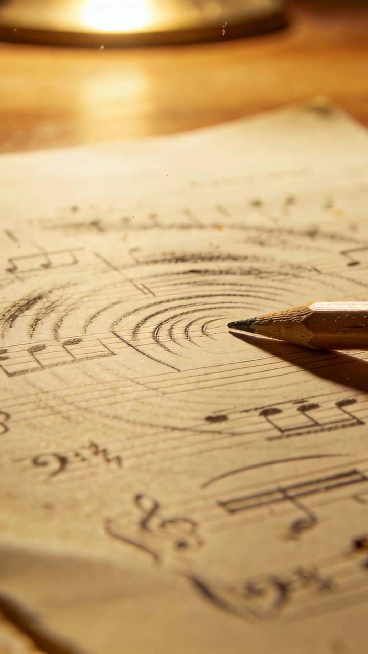 Video verticale: Obiettivo che si allontana per rivelare una matita di legno vicino a un ricciolo su uno spartito musicale, con bokeh della lampada sulla scrivania.