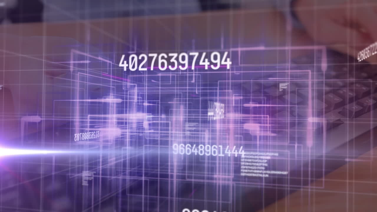 Animation of numbers changing data processing over glowing grid and person using computer keyboard