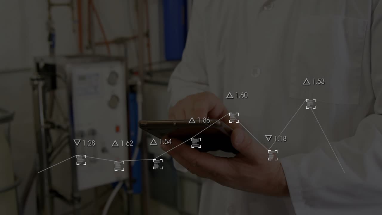 Technician holding tablet beside control panel in tech lab, with numerical overlays floating