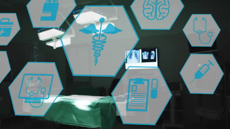 animation of medical icons over empty operating room