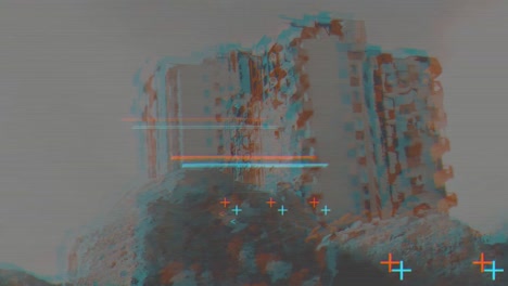 glitch error video damage effect applied over video sequence of old wall with building in background