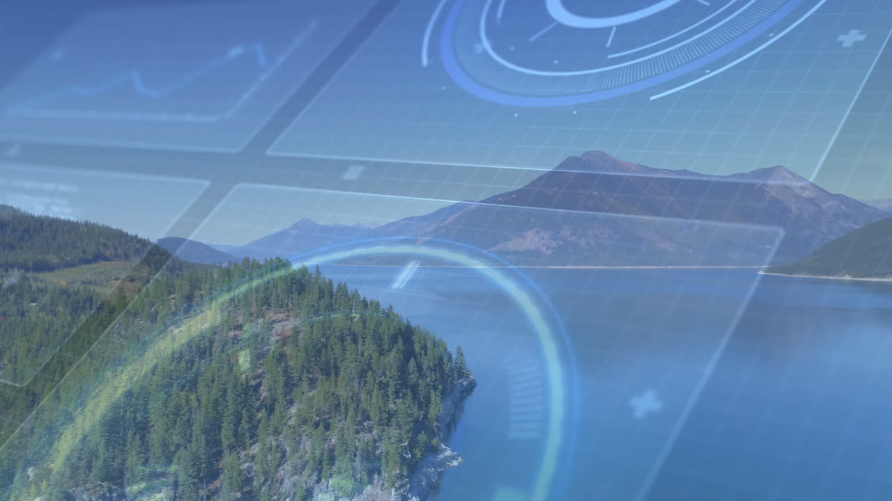 Forested peninsula jutting into mountain lake, featuring grid overlays, circular charts, plus icons