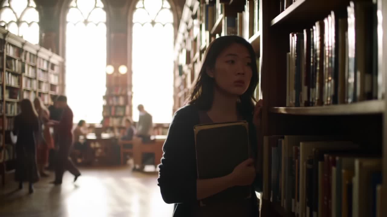 A Pensive Young Woman Navigates Through a Library, Surrounded by Shelves of Books and Fellow Students Engaged in Study Activities, Reflecting a Moment of Contemplation