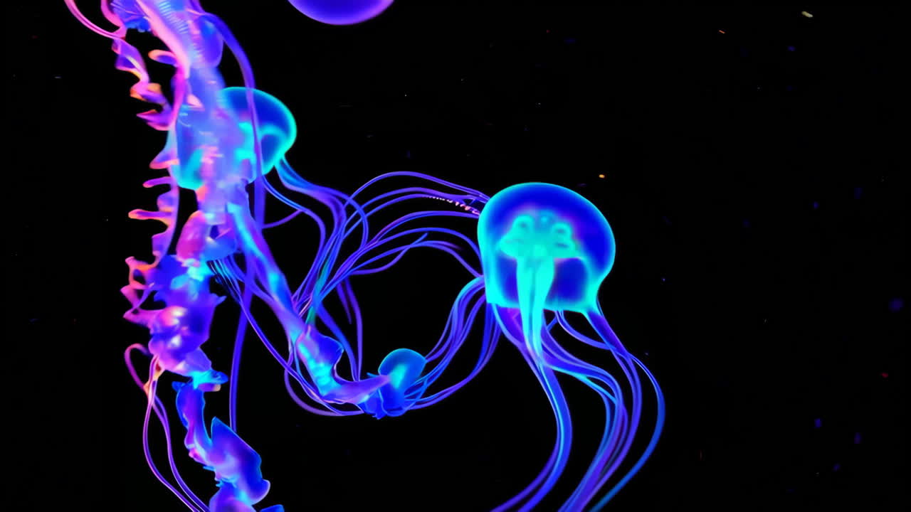 Bioluminescent Neon Jellyfish Floating in Dark Water