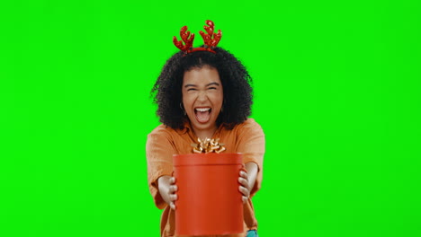 christmas, green screen and woman with a gift